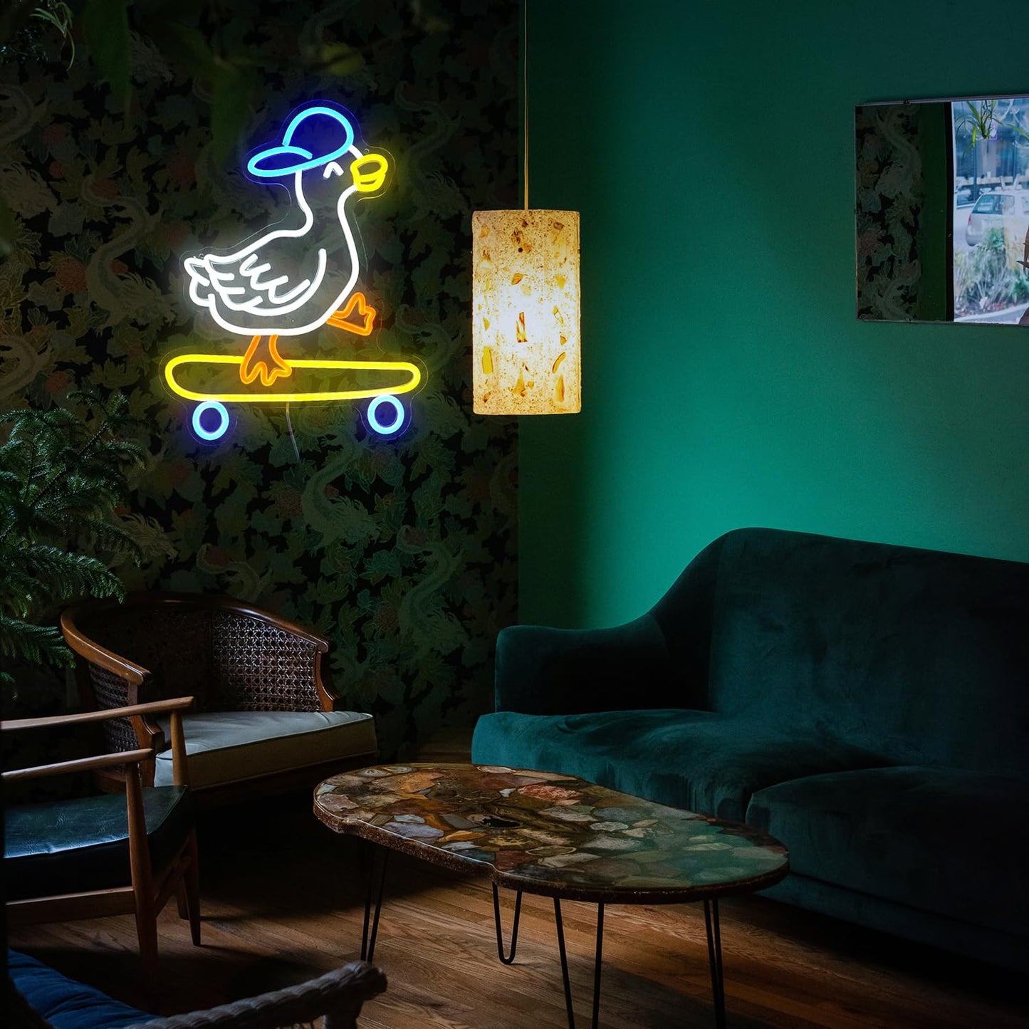 Skateboard Duck Neon Sign Dimmable LED Happy Duck Neon Light USB Powered Hat Duck Light Up Sign for Living Room Bedroom Art Wall Decor Boy Girl Gifts (16.5”*12.6”)