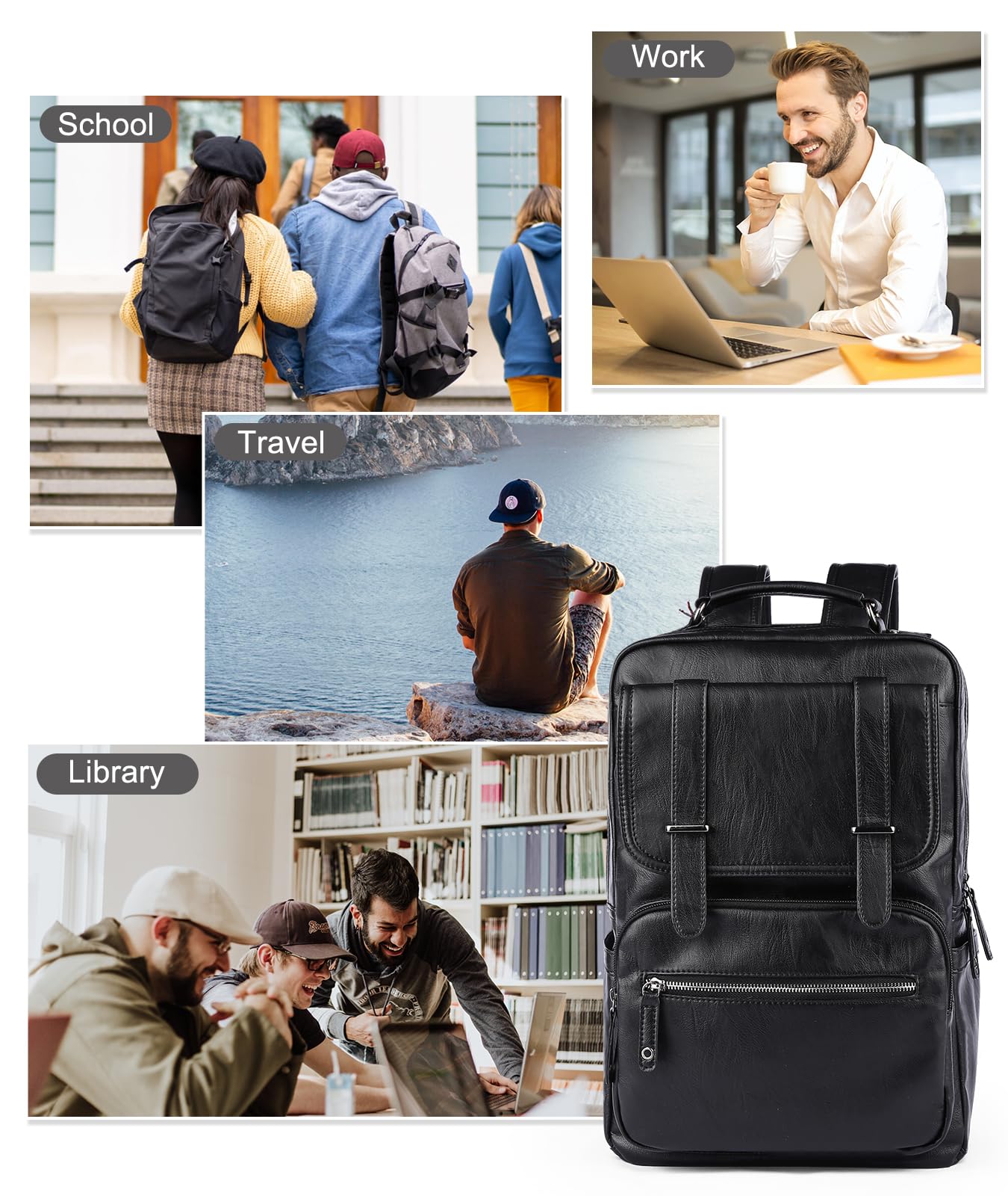 MOYYI Black Leather Backpack for Men Waterproof Fit 15.6 inch Laptop Backpack Work Commute Casual Daypack