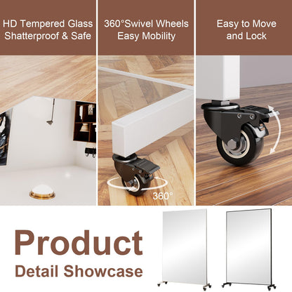 Novlux Home Gym Rolling Mirror 72"x40" – Extra Large Full Length Mirror with Wheels, Mobile Tempered Glass Floor Mirror, 360° Swivel, for Workout, Garage, Dance Studio, Yoga, Bedroom, White