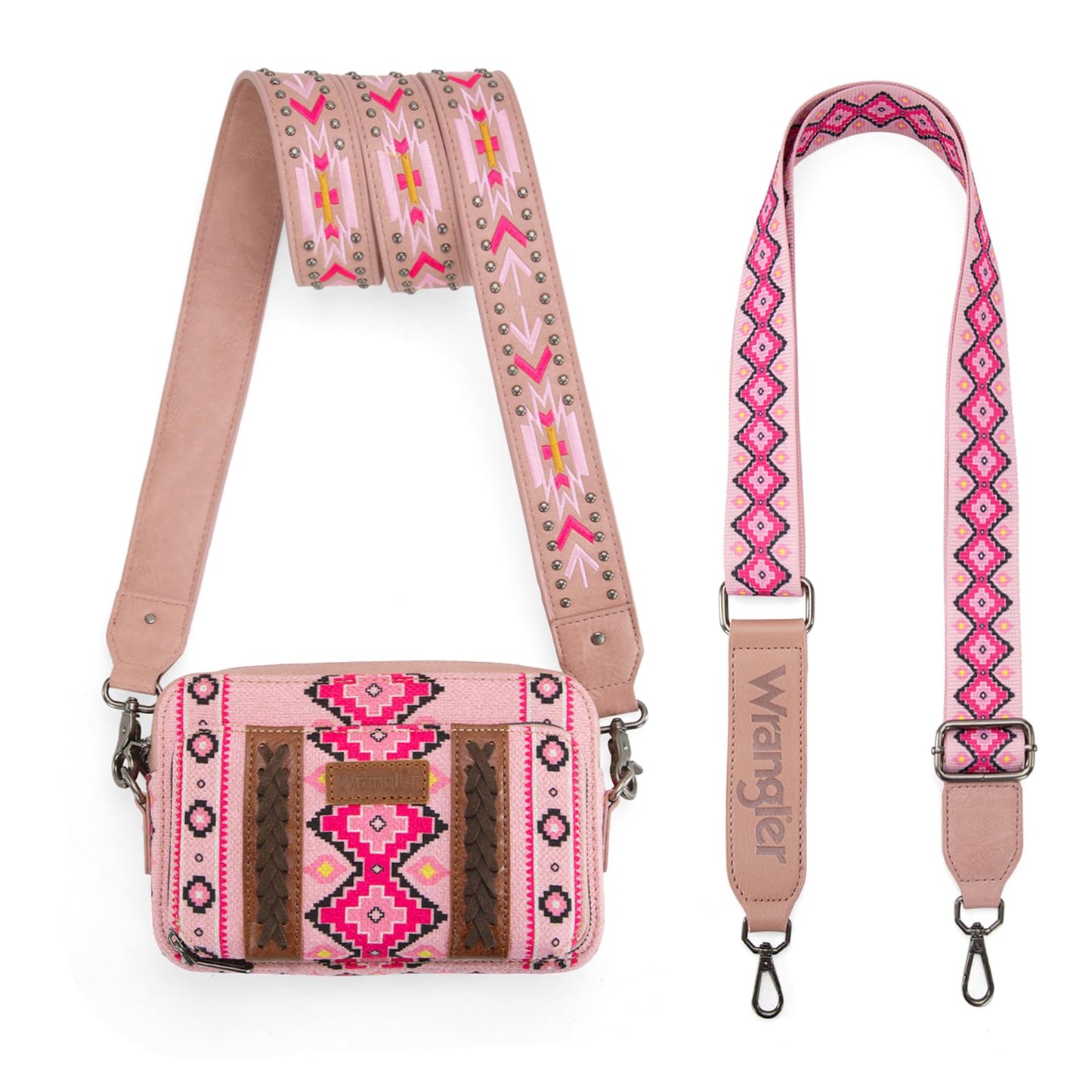 Wrangler Crossbody Bag for Women Boho Aztec Small Western Shoulder Bag with Wide Guitar Strap Gift Pink WG2207-3005LPK