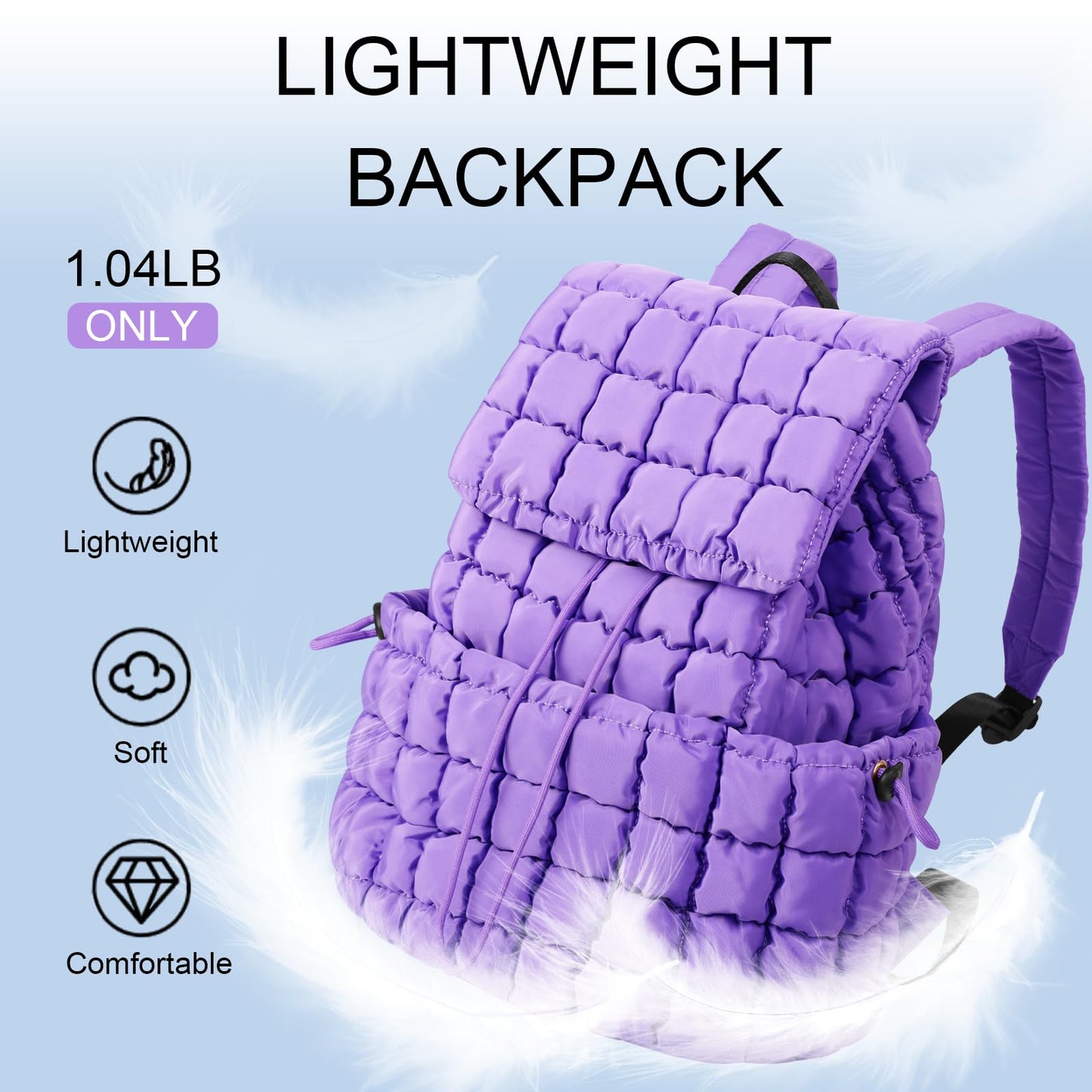 XSUIOY Quilted Backpack Purse for Women Small Lightweight Puffer Puffy College Laptop Backpack Nylon Casual Bookbag Daypack Top Flap Drawstring Padding Hiker Travel Gym Backpack(Purple)