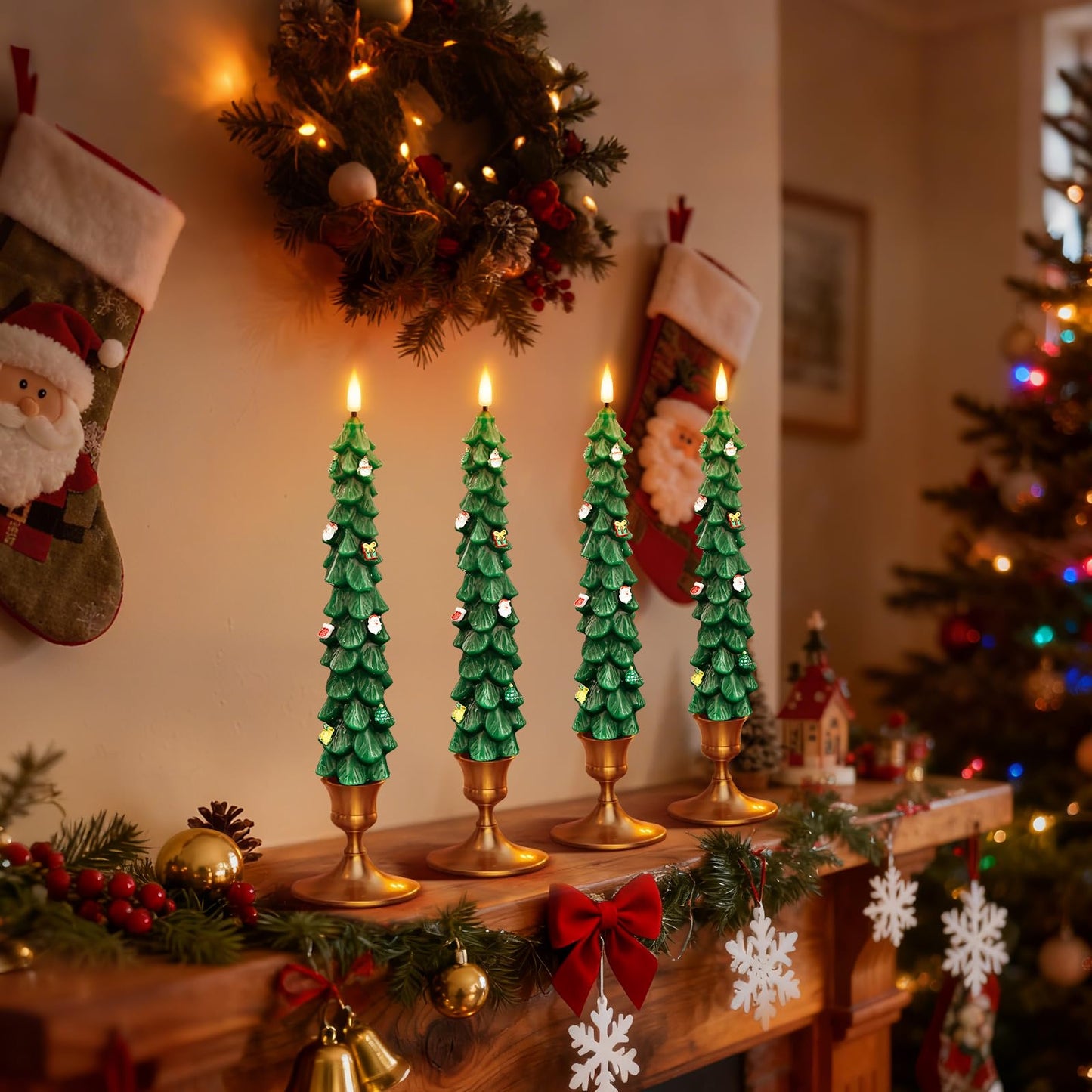 ZLCYFJIXV Flameless Christmas Tree Candles with Remote, 4 Pack 9.8” LED Battery Operated Taper Candles, Green 3D Sticker Flickering Candlesticks for Holiday Home Decoration