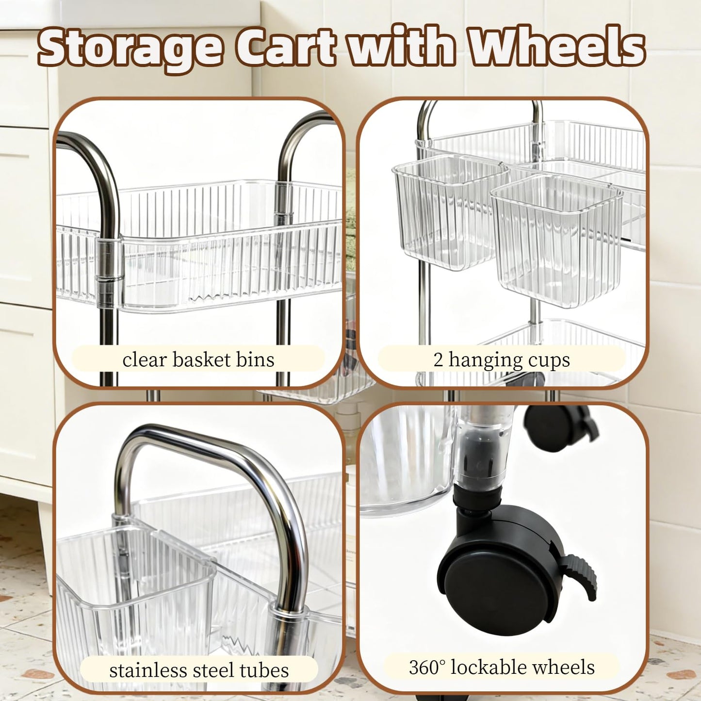 Ufriandz 2 Tier Utility Rolling Cart with Wheels Sofa Side Table Small Under Desk Storage Organizer, Clear Acrylic Plastic Mobile Trolley Organization Storage Cart for Kitchen Pantry Bathroom Vanity