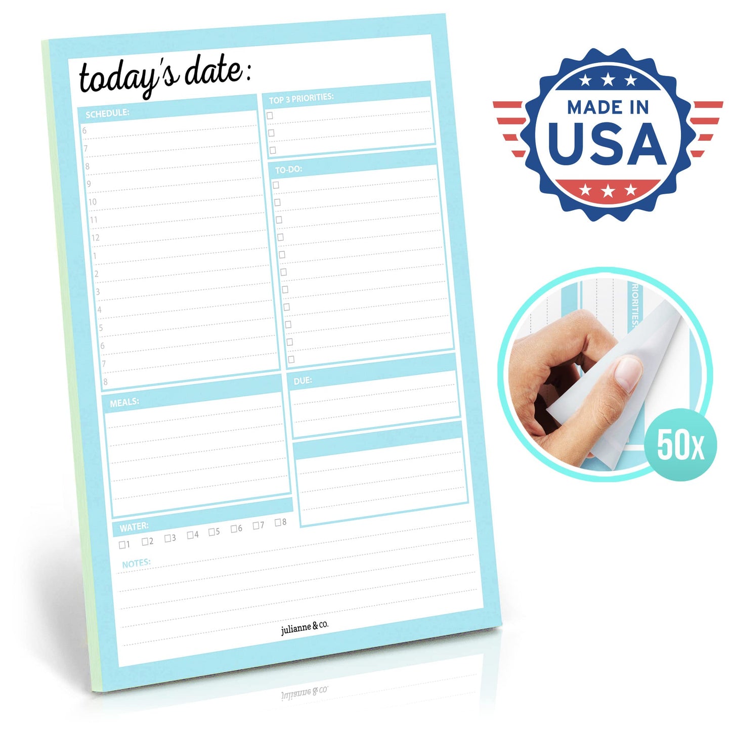 JULIANNE & CO Daily To-Do Undated Tear-Away Planner Notepads - Premium Personal Organizer for Home, Office, Work, School - 50 Pages for Daily Tasks, Notes, Water Intake and Meal Prep (8.5 x 11)