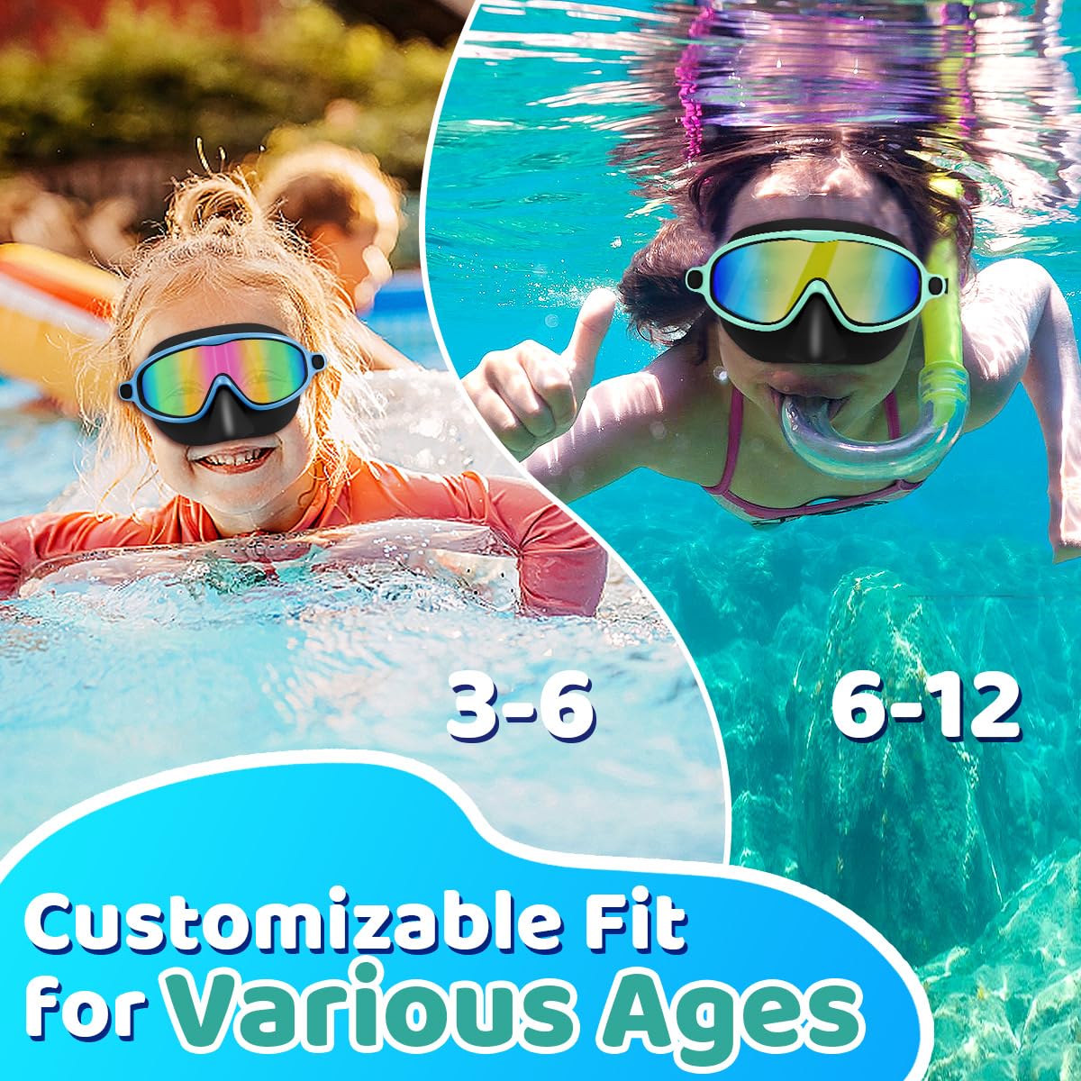 Vvinca Swim Goggles with Nose Cover, 2 Pack Wide View Diving Mask Anti-Fog UV No Leak Toddlers Swimming Goggles for Kids 3-12