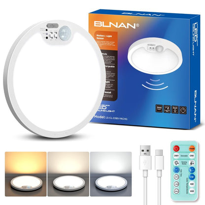 BLNAN Rechargeable Motion Sensor Ceiling Light - Wireless Magnetic Ceiling Light, Remote Control for Color & Brightness, Stick On Battery Operated Light for Shower, Closet, Bathroom, Pantry, Hallway