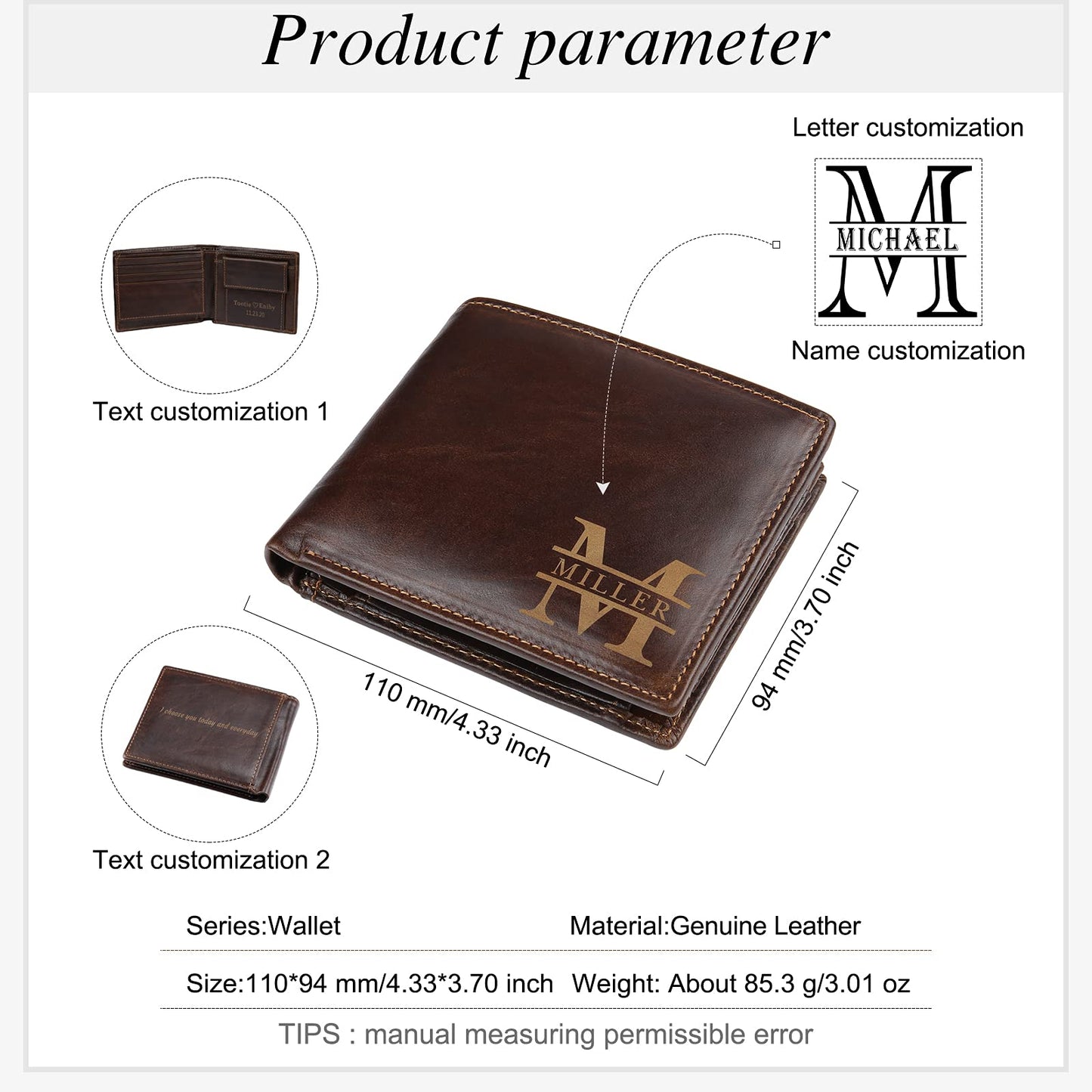 Glooraca Personalized Leather Wallet for Men, Custom Engraved Name & Initials Gift for Dad Father's Day, Genuine Leather RFID Blocking Bifold Thin Wallet (Color 1)