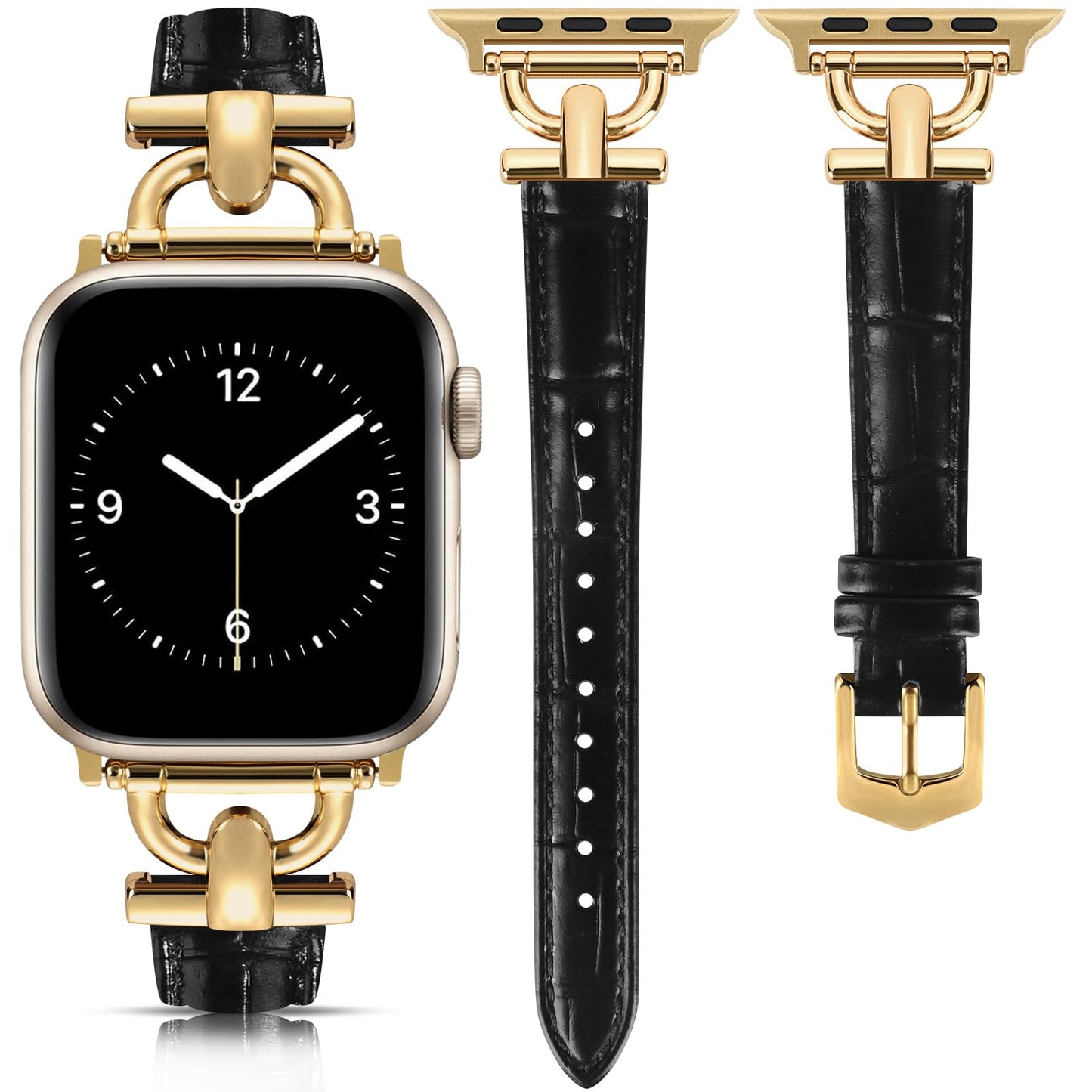 Leather Band Compatible with Apple Watch Bands for Women, Dressy Fancy Strap for iWatch Series 11/10/9/8/7/6/5/4/3/2/1/se(38mm 40mm 41mm 42mm,Black/Gold)