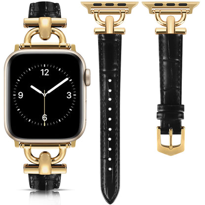 Leather Band Compatible with Apple Watch Bands for Women, Dressy Fancy Strap for iWatch Series 11/10/9/8/7/6/5/4/3/2/1/se(38mm 40mm 41mm 42mm,Black/Gold)