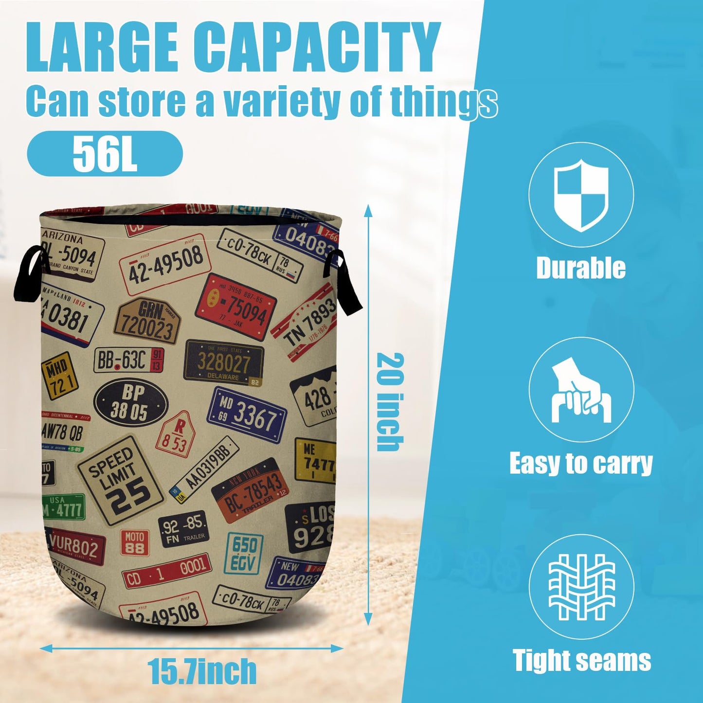 Colourful Car Number Plates Laundry Basket, Laundry Hamper Collapsible Oxford Cloth with Handle Clothes Storage Bin for Bathroom Laundry Room Bedroom 15.7 X 20 Inch