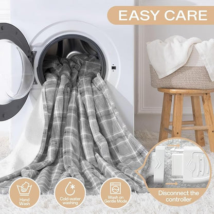 Heated Blanket Full Size, Electric Blanket 72"x84" for Bed with 8 Fast Heating Levels & 10 Hours Auto Shut-Off, Grey Plaid Warm Soft Flannel Blanket Gift for Women Grandma Machine Washable