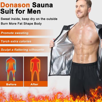 Donason Men's Sauna Suit Full Body Sweat Suit with Hood for Weight Loss Durable Jacket and Pants for Gym Workout Body Shaper Heat-Trapping Fitness Shapewear Long Sleeve Tracksuit with Zipper