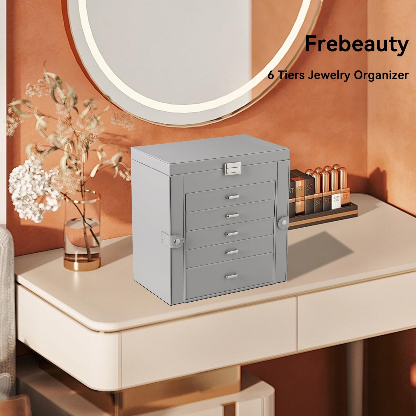 Frebeauty Large Jewelry Box,6-Tier PU Leather Jewelry Organizer,Multi-functional Storage Case with Mirror,Accessories Holder with 5 Drawers for Necklace Bracelets Watches(Grey)