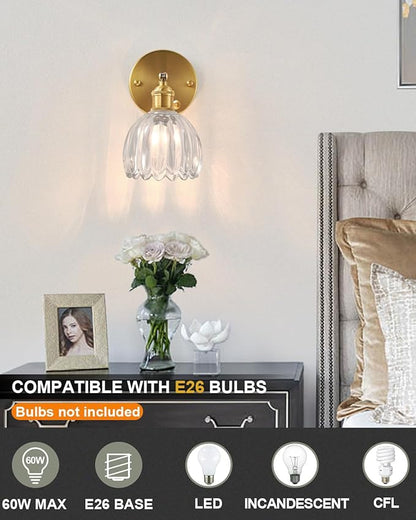 Plug in and Hardwired Wall Sconces, Luxury Vintage Tulip Crystal Glass Shade Wall Light with Switch for Bedside Bedroom Living Room (Tulip-Clear, 1)
