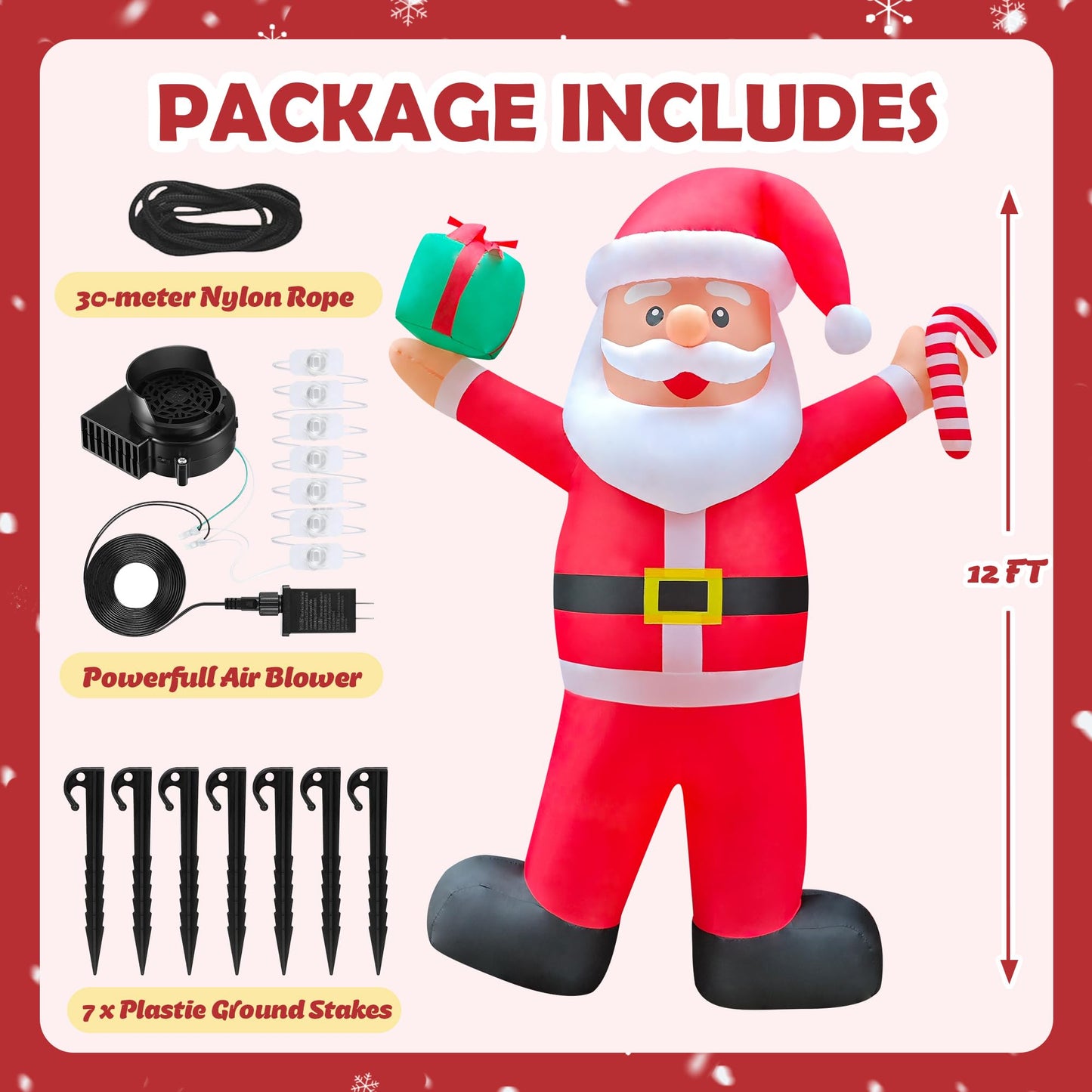 Chiteki 12ft Giant Christmas Inflatable Santa Claus Outdoor Decoration Blow up Santa Yard Decor, Built-in LED Lights for Yard Lawn Garden Holiday Party
