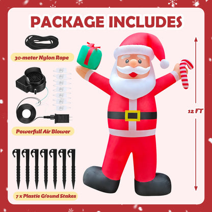 Chiteki 12ft Giant Christmas Inflatable Santa Claus Outdoor Decoration Blow up Santa Yard Decor, Built-in LED Lights for Yard Lawn Garden Holiday Party