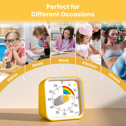 InfPokid Visual Timer for Kids with Pause Function, Cute Silent Timer with Rainbow for Classroom, Teaching, Task, Kitchen, 60 Minute Countdown Time Management for ADHD (Rainbow Yellow)