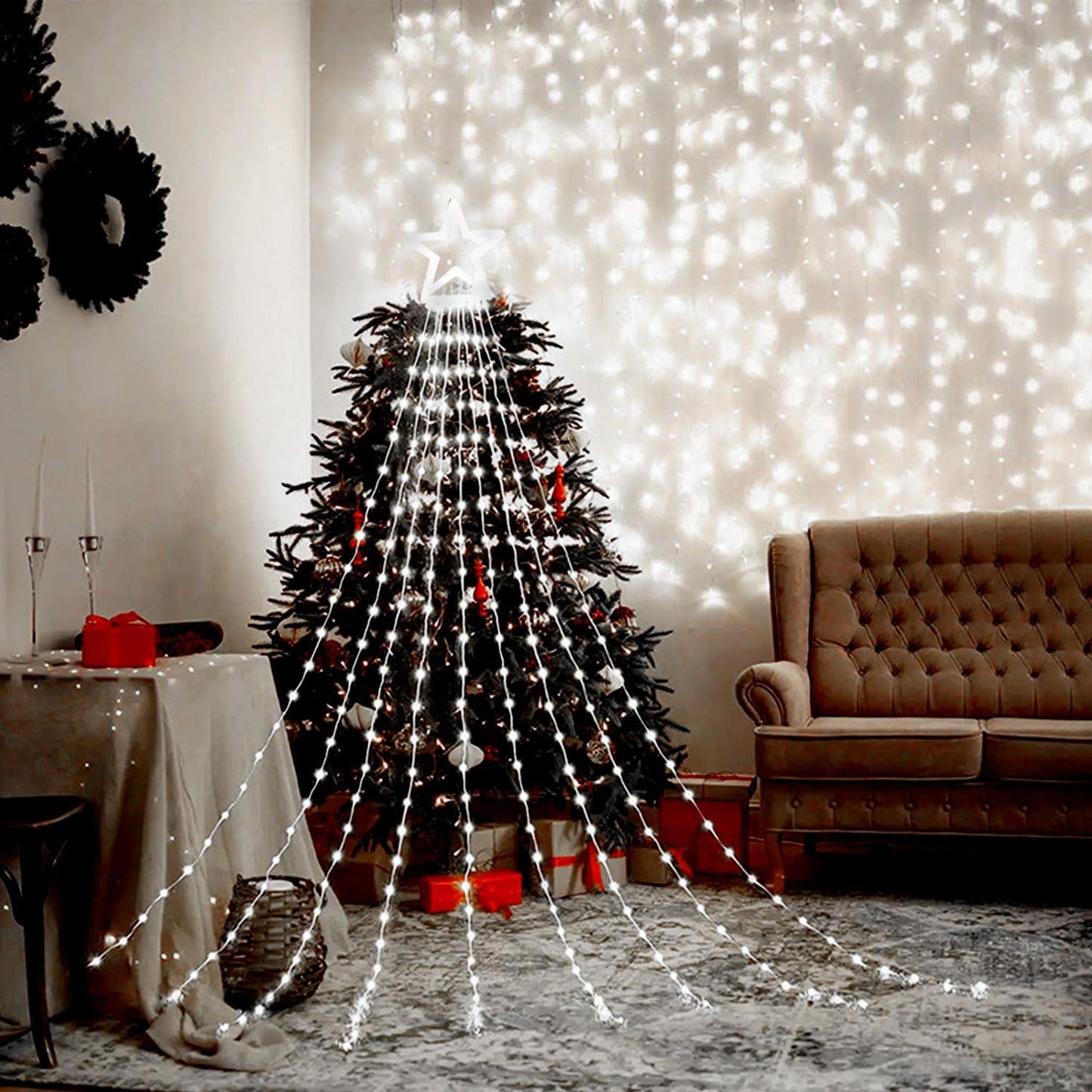 MINIAO Christmas Decorations Star String Lights, 320 LED Waterfall Tree Lights with 13" Topper Star 8 Lighting Modes Indoor Outdoor Decorative for New Year, Holiday, Wedding, Party