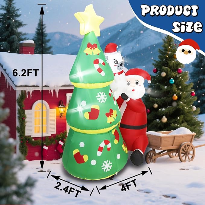 Dearsun 6.2FT Christmas Inflatable Tree with Santa Claus and Polar Bear, Blow up Christmas Inflatable Santa Build-in LED Lights Outdoor Decorations Large Party Yard Decoration