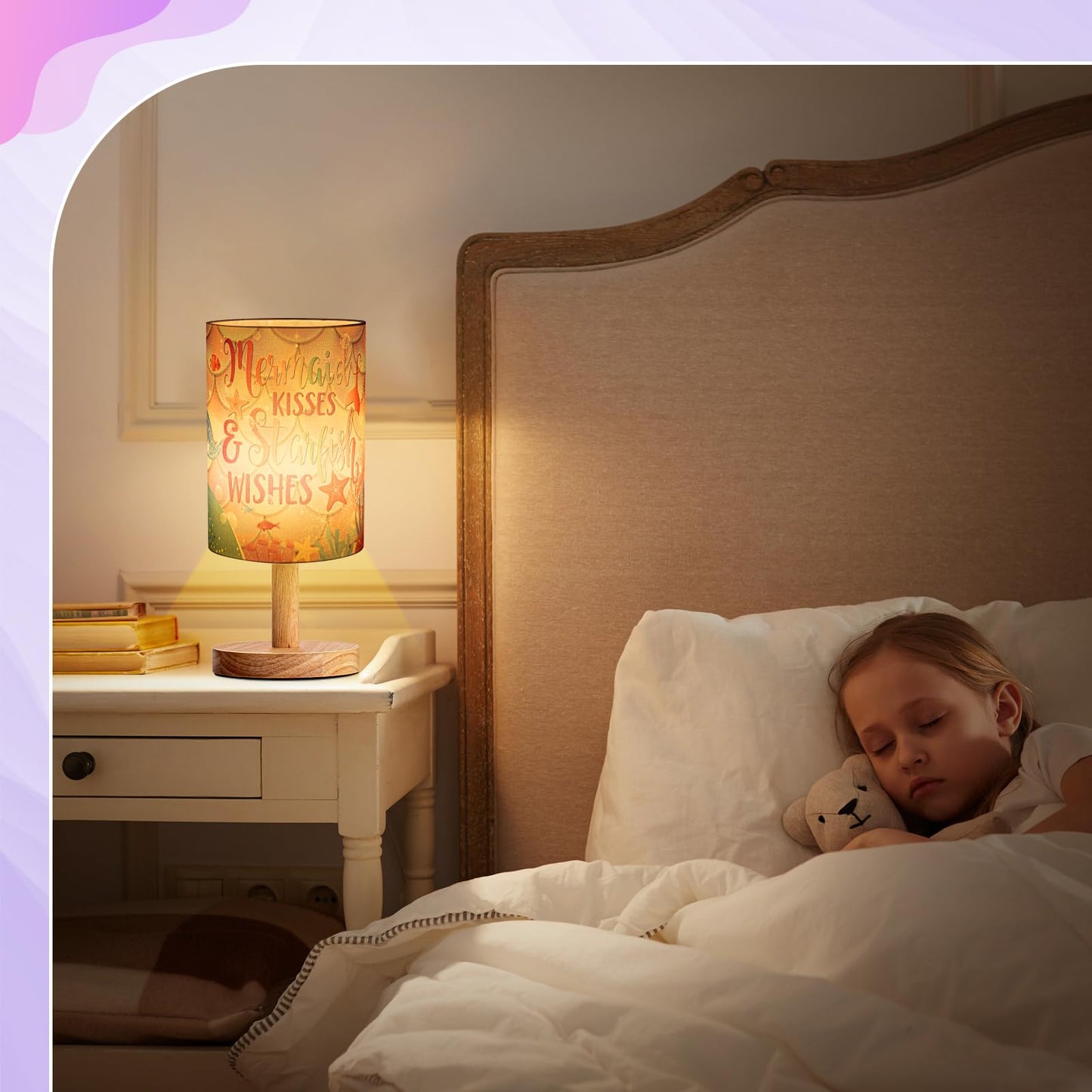 Tujoe Mermaid Lamps Summer Ocean Fabric Nightstand Table Lamp Purple Desk Lamp Bedside Gift Decor for Kids Reading Bedroom Living Room Home Christmas Gift