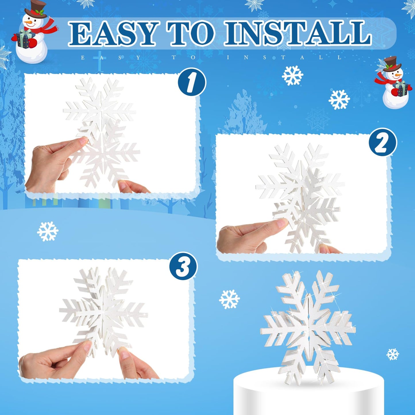 Sawysine 16 Pcs Glitter Wooden 3D Snowflake Decor Christmas Table Decorations Snowflake Signs Winter Wooden Xmas Standing Centerpiece Fireplace Decoration for Winter Holiday(White)