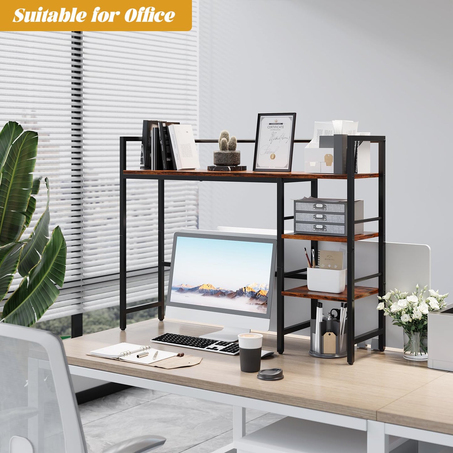HavenlyYouth Desk Shelf, 38.6 Inch Wood Desk Organizer Shelf for Computer Monitor, Desk Hutch Storage, Desktop Shelf for Top of Desk, 3 Tier Desktop Bookshelf for Home Office Dorm, Rustic