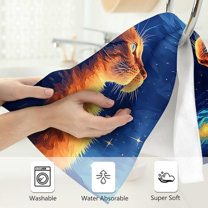 Cute Orange Cat Hand Towels Decorative Set of 2 Soft Absorbent Abstract Blue Starry Sky Bath Towels for Bathroom Farmhouse Spa Gym Yoga Home Decor, Gifts for Cat Lover 14"x28"