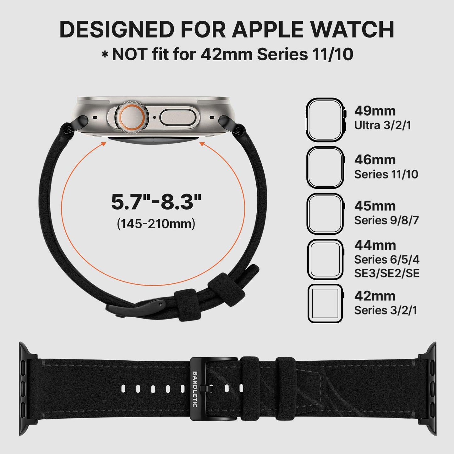 Bandletic Suede Leather Band Compatible with Apple Watch Bands for Men Women, Soft Strap for iWatch Ultra 3 2 Band 49mm, Series 11 10 (46mm), 9 8 7 (45mm), SE3 SE2 SE 6 5 4 (44mm), 3 2 1(42mm), Black