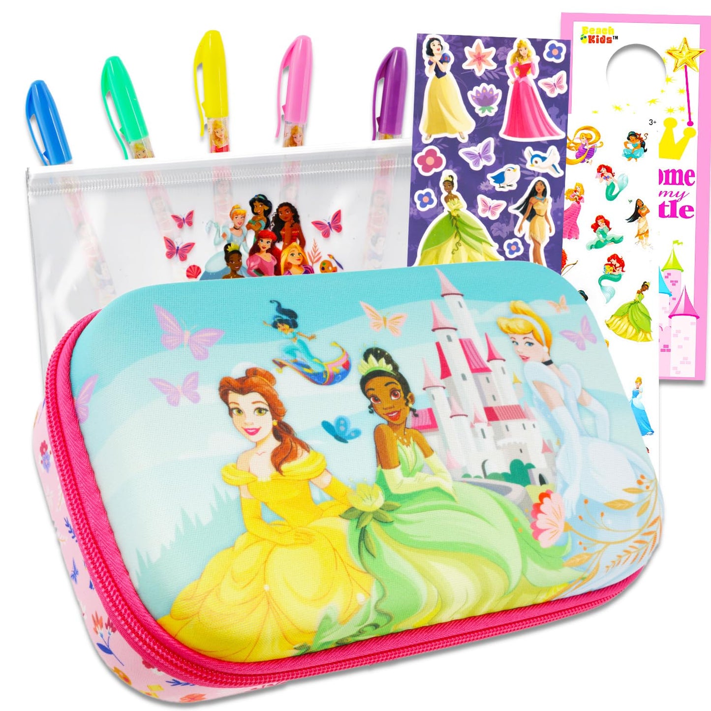 Disney Princess Pencil Case for Girls Princess Pencil Bag Bundle Princess Molded Pencil Case and 5 Princess Gel Pens Plus Stickers, More Princess School Supplies
