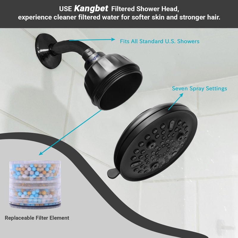 Kangbet Filtered Shower Head | Shower Head With Filters | Improves Skin & Hair by Reducing Chlorine & Heavy Metals from Hard Water-Black