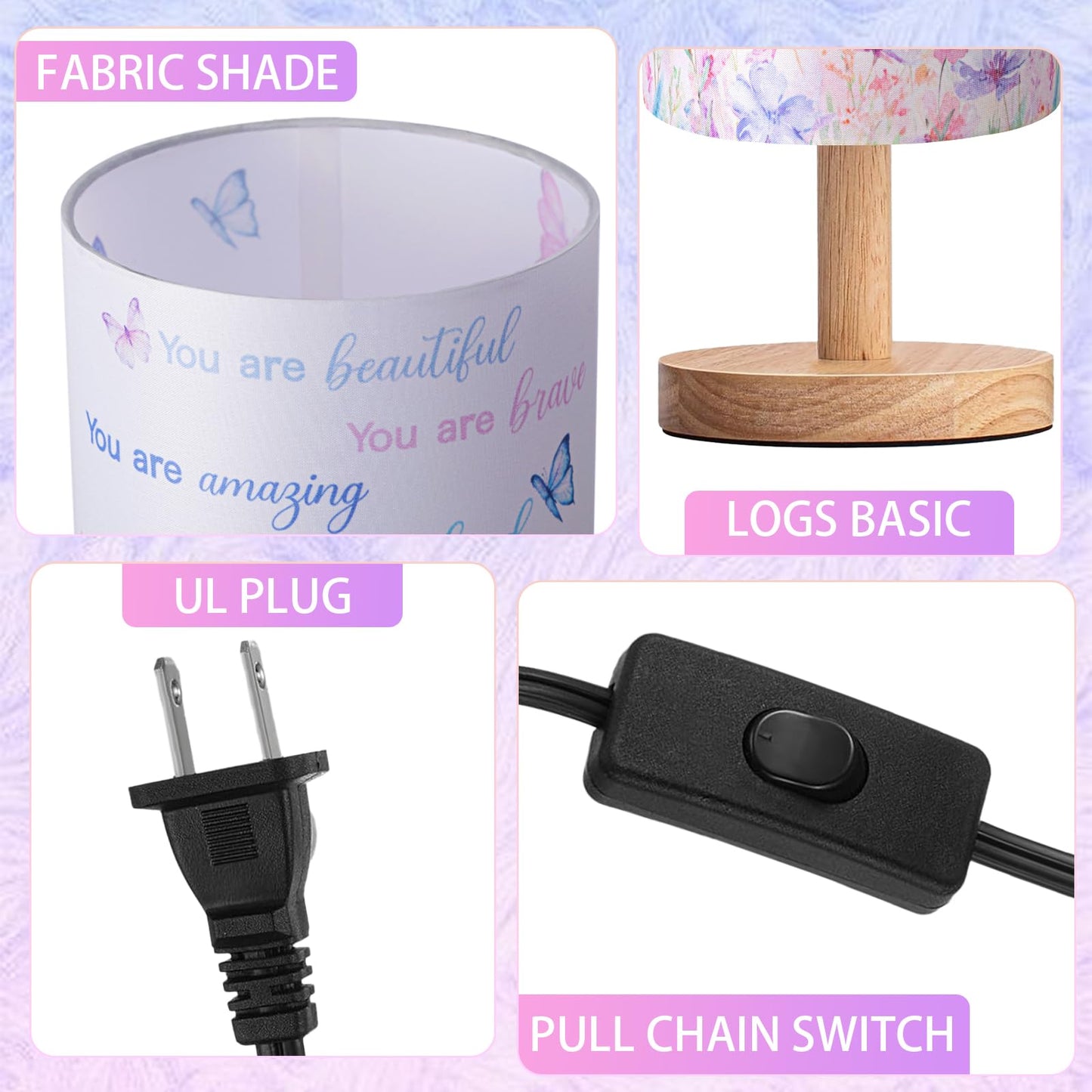 Tujoe Butterfly Girl Room Lamp Motivational Purple Desk Lamp for Kids Fabric Nightstand Table Lamps Bedside Decor for Girl Kids Reading Bedroom Living Room Home Office Christmas Gift