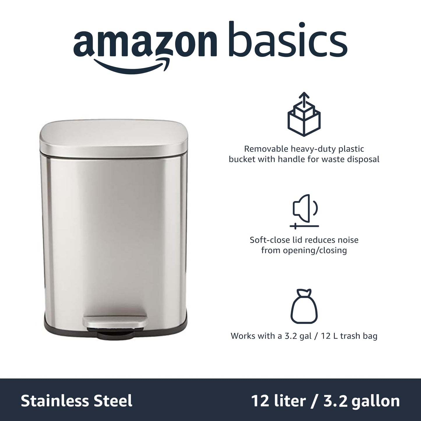 Amazon Basics Smudge Resistant Small Rectangular Step Pedal Trash Can with Soft-Close Lid, Removable Inner Bucket, Brushed Stainless Steel, 12 Liter/3.1 Gallon, Satin Nickel Finish