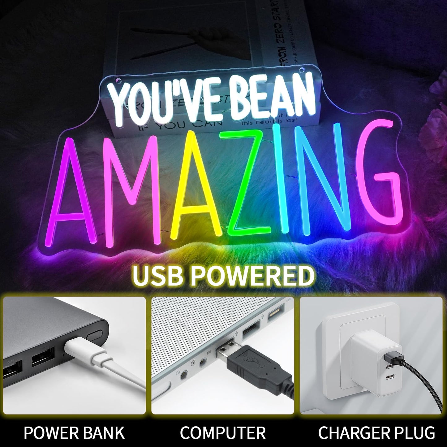 Virlusy You've Bean Amazing Neon Sign for Wall Decor Dimmable Positive Letters Led Light Up Signs LED Neon Light for Classroom Decor for Library Study Room Cafe Bedroom Art Decor Birthday Gift