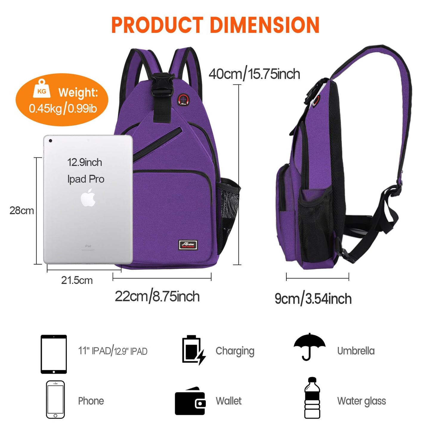 Afreter Crossbody Sling Backpack Men and Women Sling Bag Shoulder Backpack Travel Hiking Chest Bag Daypack (Purple)