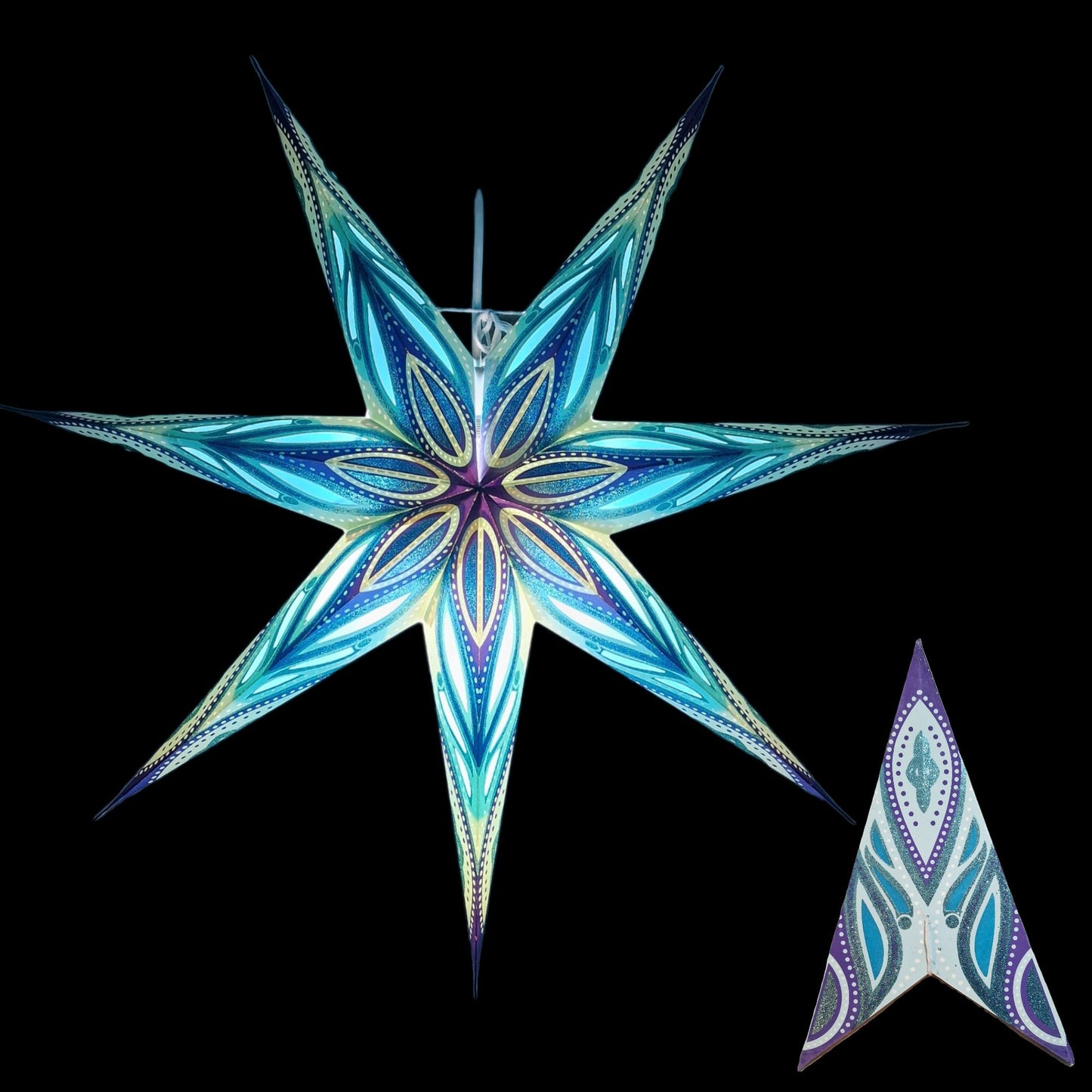 YEPSIO 7-Pointed Lantern Lampshade Paper Star Light Shades Large 24 Inch Star Hanging Decorations for Christmas Wedding Home Decoration Birthday Party (Glitter Blue Multi 02)