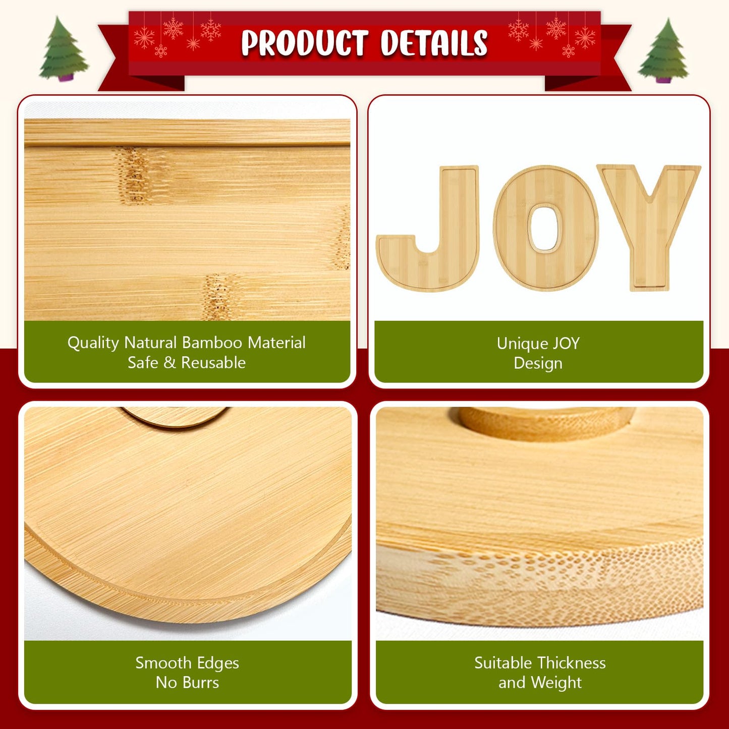 OurWarm 3Pcs Christmas Charcuterie Board, JOY Bamboo Appetizer Serving Platter, Large Candy Dish Snack Platters, Gift Ideas for Housewarming Party