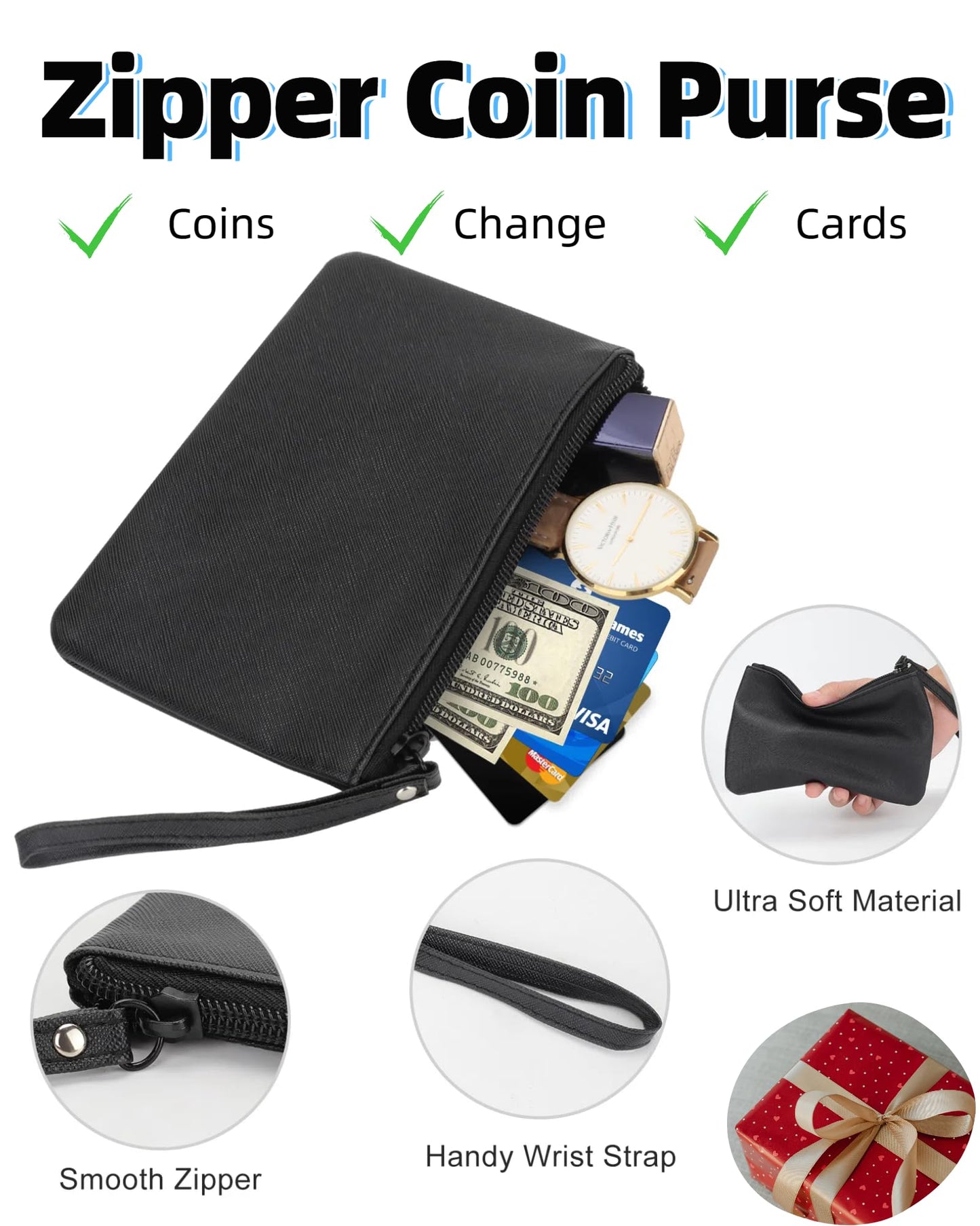 4.5 x 6.5 Clutch Stadium Approved, Leather Coin Purse for Women Wristlet Money Pouches for Cash Car Change with Zipper Lipstick Holder, Extra Small Makeup Bag for Purse Organizer Insert, Black