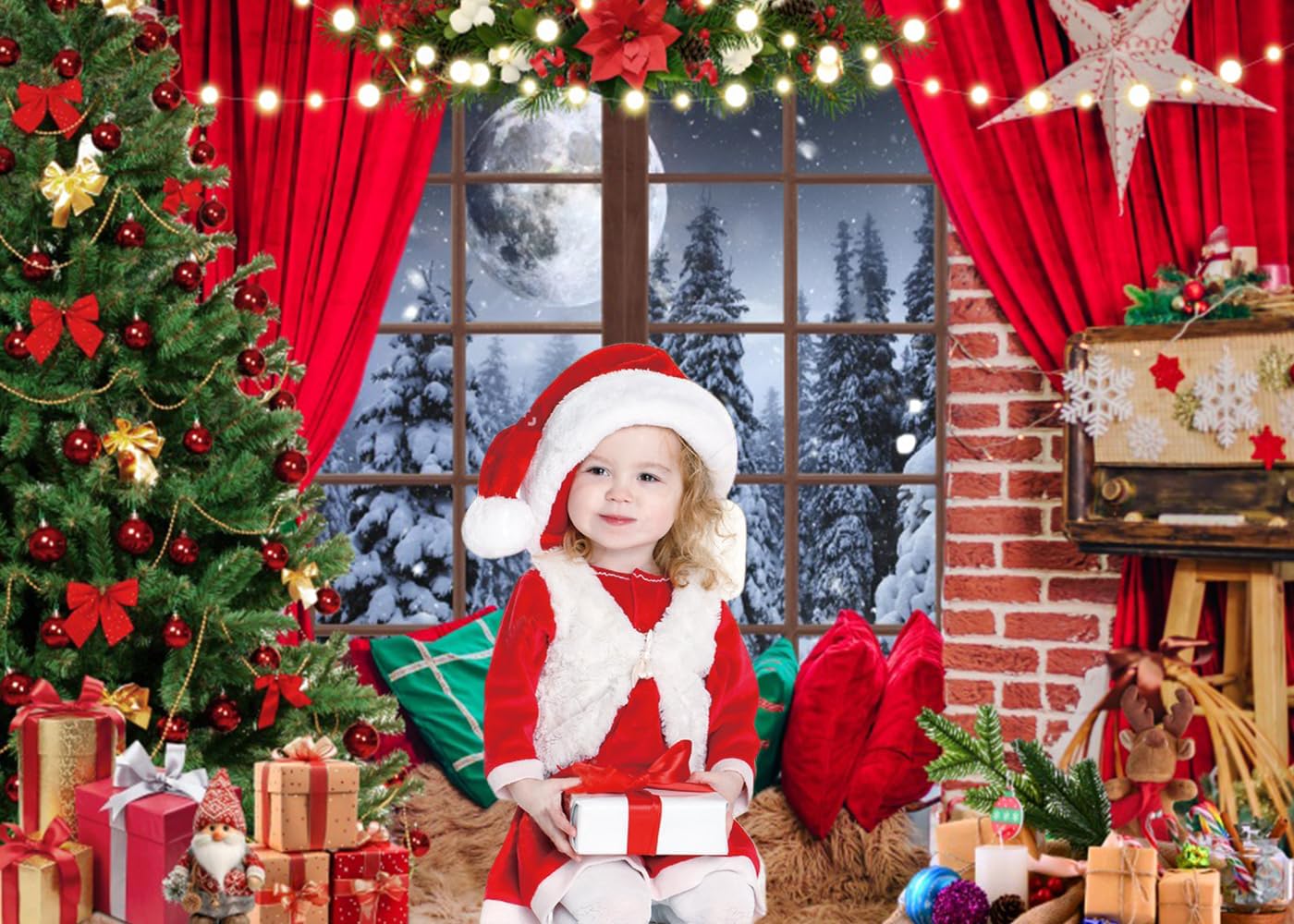 Diasynig 10x6.5FT Christmas Backdrop Window Red Curtain Xmas Tree Gifts Forest Snow Scene Photography Background Family Kids Winter Holiday Christmas New Year Party Decoration Banner Photo Booth Props