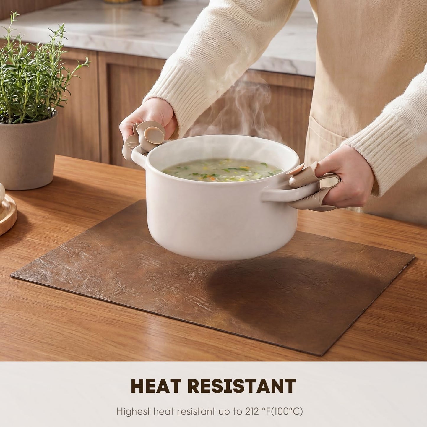 Artoid Mode Brown Faux Leather Placemats Set of 6, 12x18 Inch Waterproof Wipeable Heat Resistant Vinyl Place Mats, Reversible Table Mats for Kitchen Dining Decor