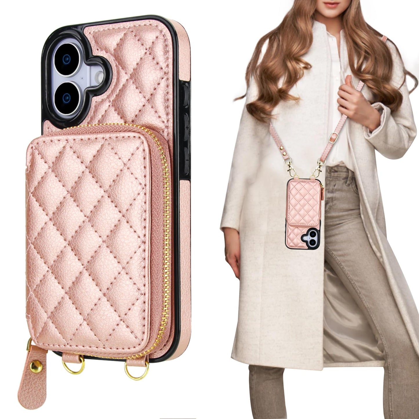 Bocasal Crossbody Wallet Case for iPhone 17, RFID Blocking PU Leather Zipper Handbag Purse Flip Cover, Kickstand Folio Case with Card Slots Holder Wrist Strap Lanyard 5G 6.3 Inch (Rose Gold)