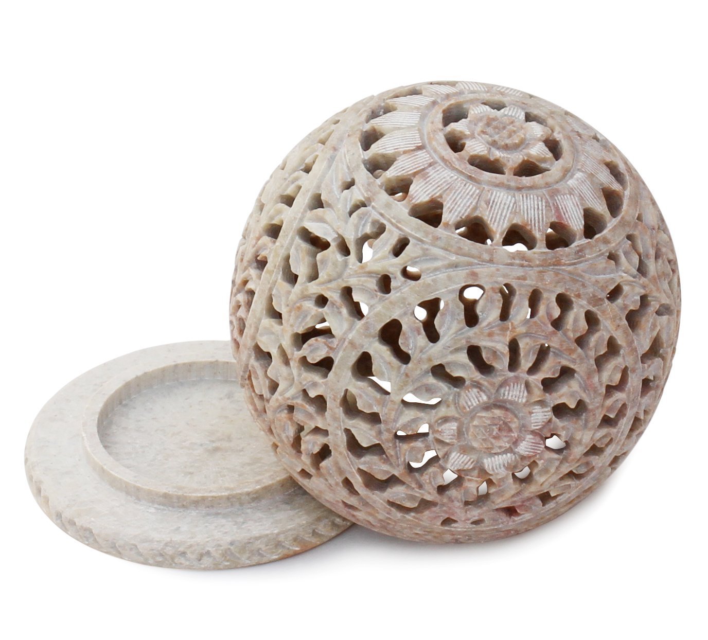 BKRAFT4U Unique Hand Carved Tealight Holder Sphere Shaped Made from Soapstone with Intricate Tendril Openwork Floral Decorative Lantern.