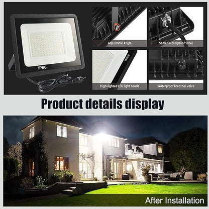 2Pack-150W LED Flood Light Outdoor,15500LM LED Work Light with US Plug,6000K Daylight White,IP67 Waterproof Outdoor Floodlights for Yard,Garden,Playground