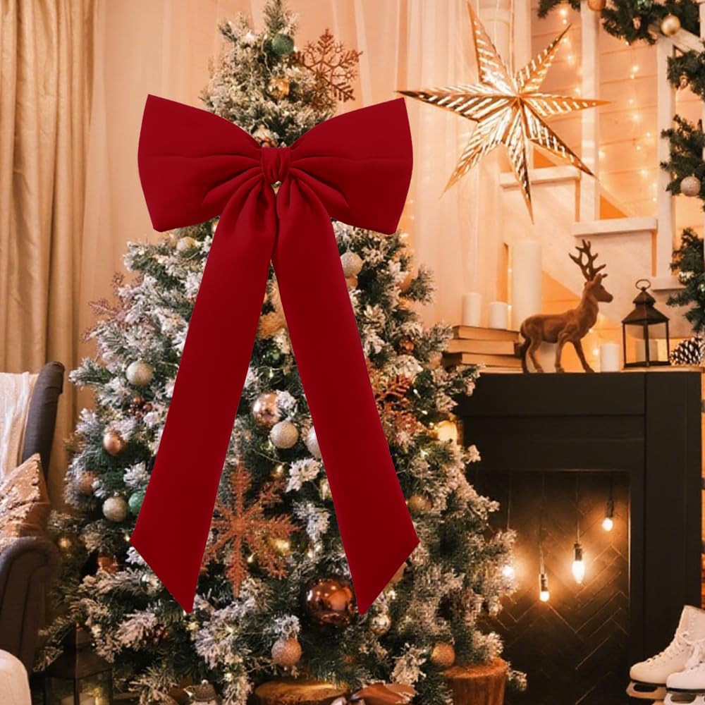 Celltestria Large Christmas Bow Ornament 15x30 Inch Velvet Giant Wreath Bows Xmas Tree Topper Ribbon Hanging Bows for Christmas Holiday Home Wall Outdoor Indoor Party Garland Crafts Decoration(Red)