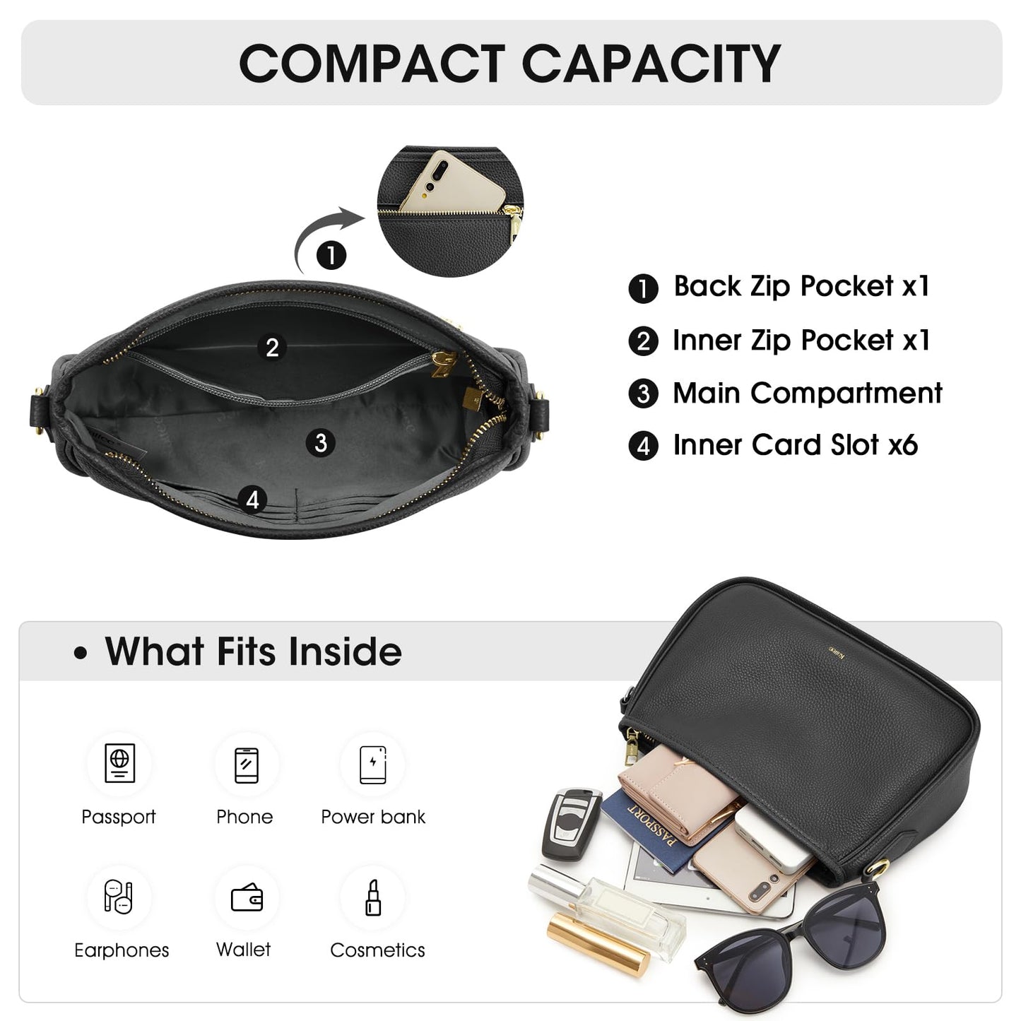 Kattee Shoulder Purse for Women, Medium Leather Black Crossbody Bags Trendy, Clutch Hanbags Purses, Small Hobo Bags with 2 Removable Straps