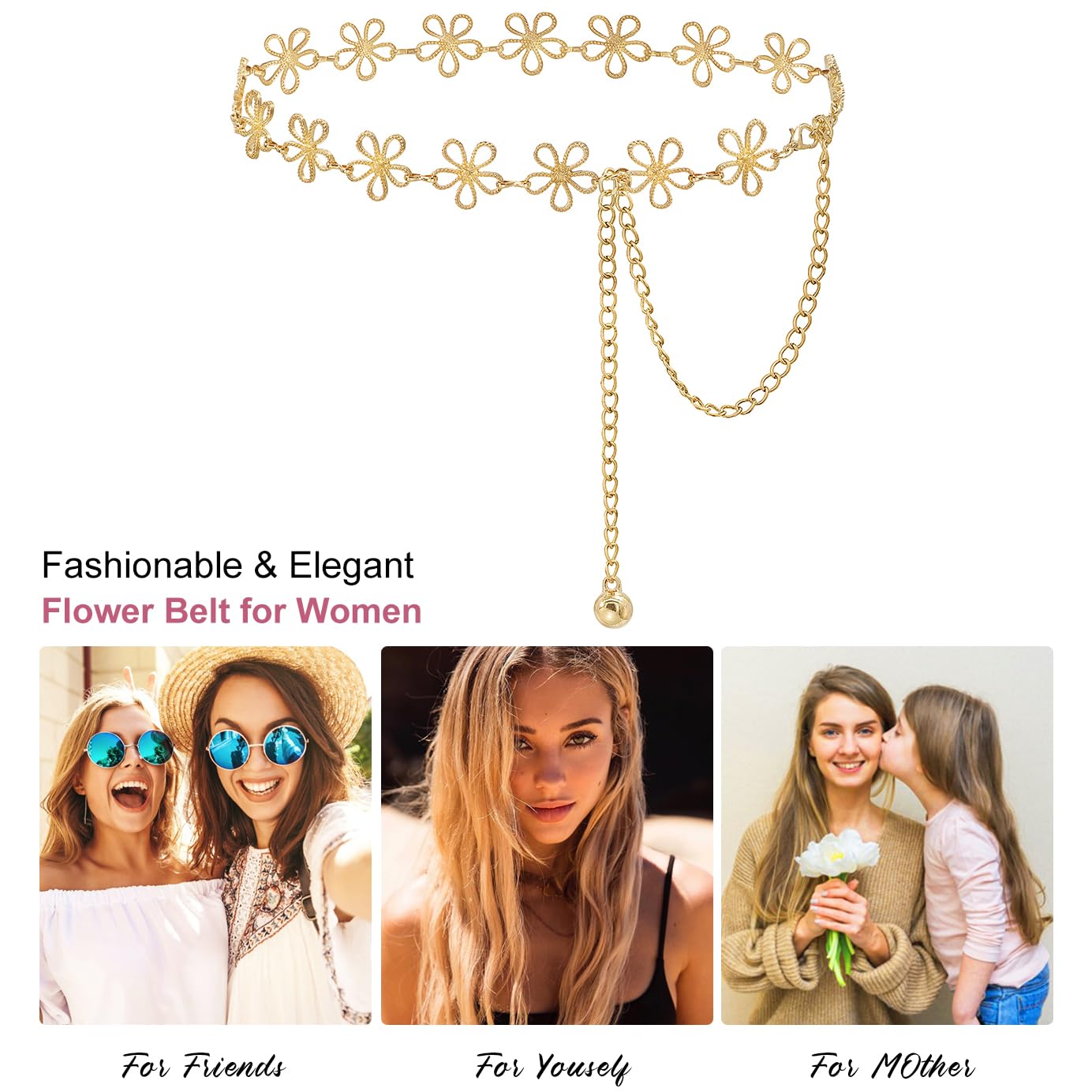 Glamorstar Hollow Flower Belt for Women Waist Chain Belts for Dresses Gold C 150cm/59in