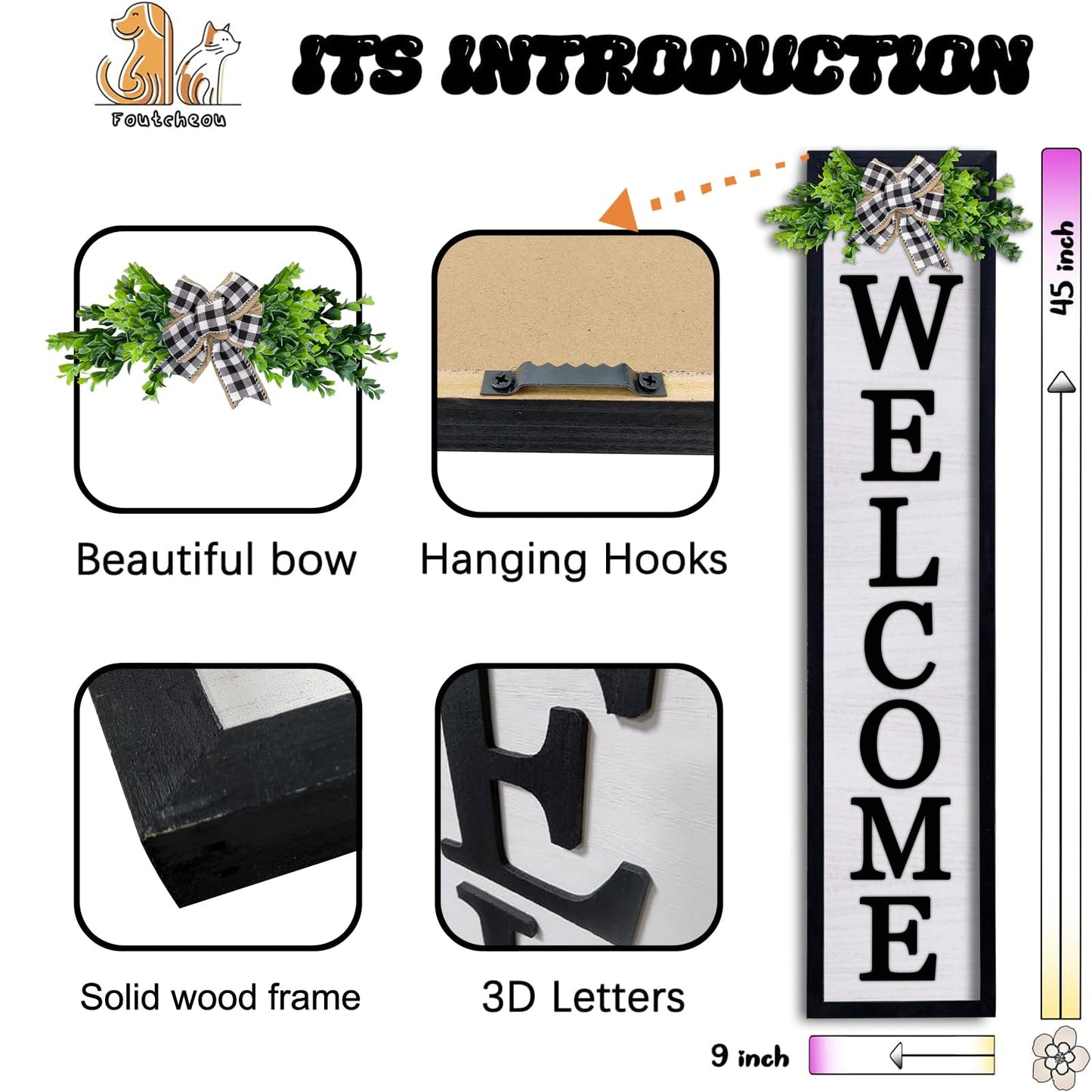 3D Outdoor Welcome Sign for Front Porch Standing 45"X9" Large Rustic Farmhouse Leaner Tall Vertical Soild Wooden Framed Plaque Modren Beautiful Outside Home Front Door Decorations (Black)