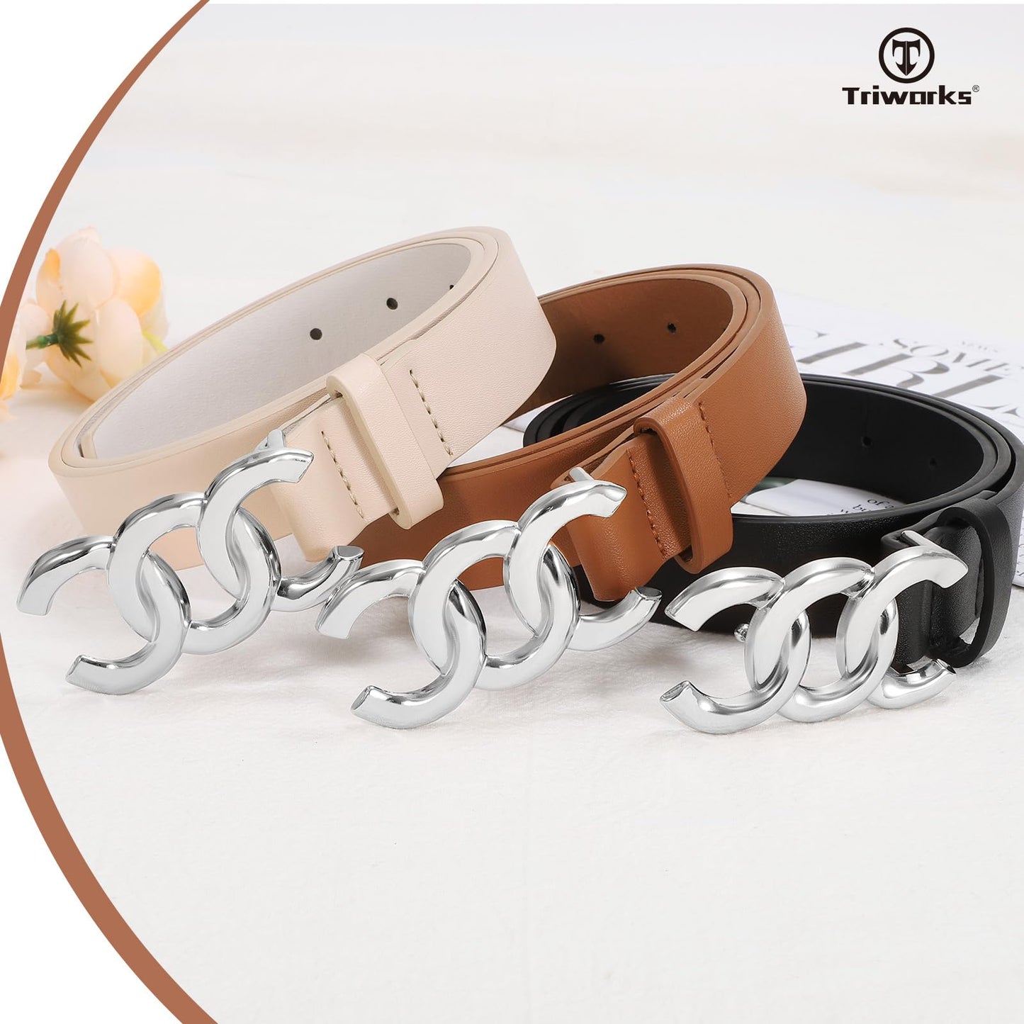 TRIWORKS 3 Pack Women's Belts for Jeans Pants Fashion Waist Belts for Ladies Leather Belt with Silver Buckle