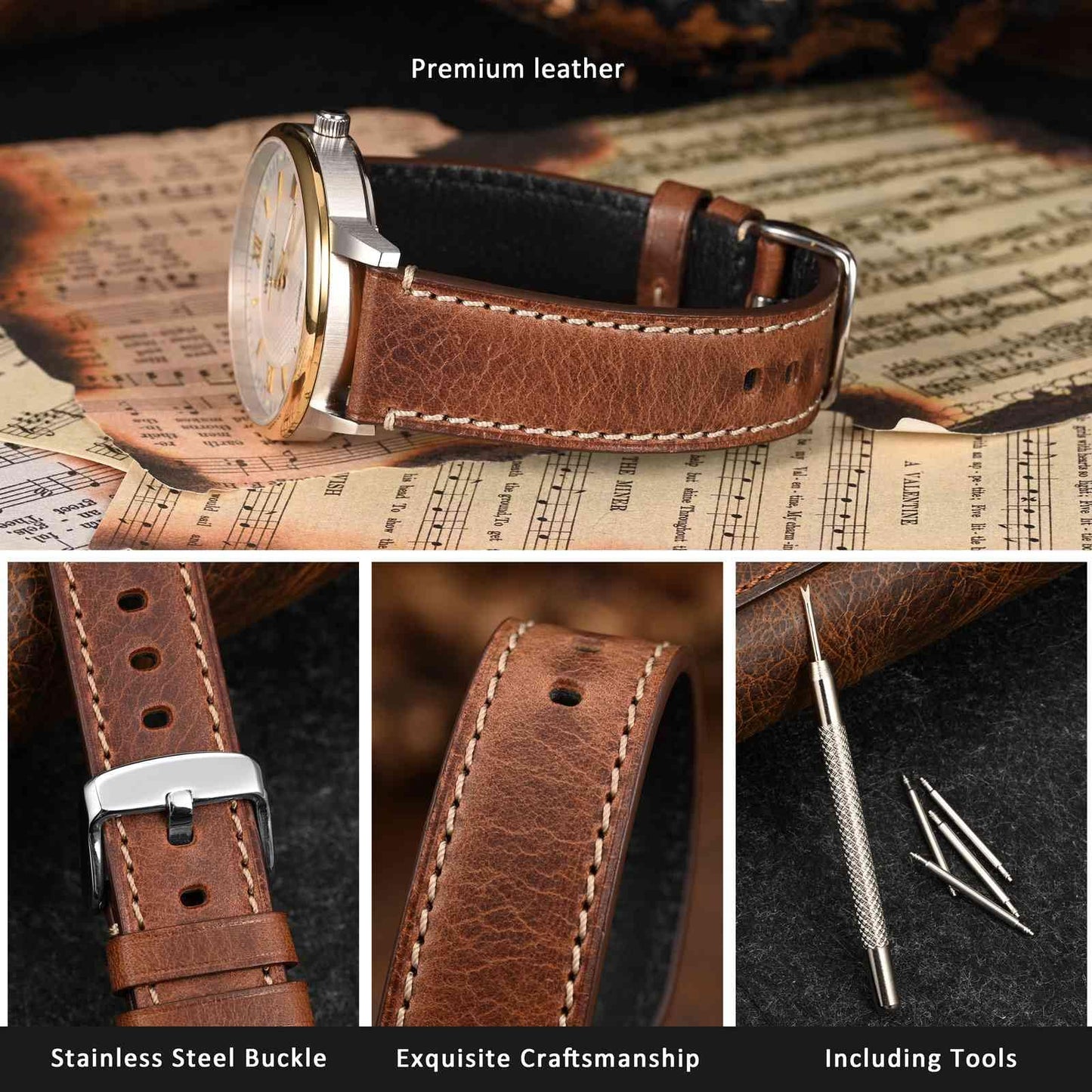 WOCCI 20mm Watch Band, Pull Up Leather, Polished Silver Buckle (Gold Brown)