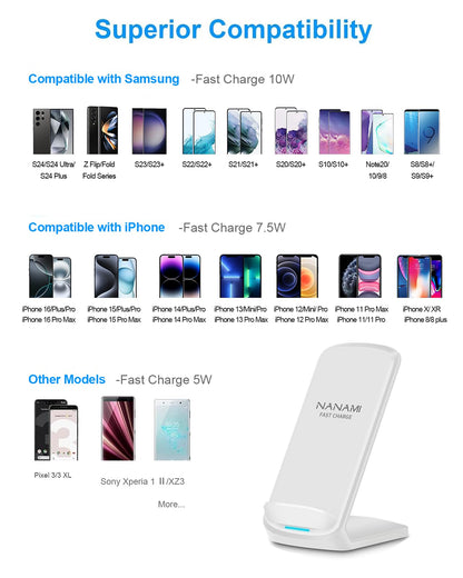 NANAMI Upgraded Fast Wireless Charger, Qi-Certified Wireless Charging Stand Compatible with Samsung Galaxy S25/S24/S23/S22/S21/S20 & Qi Phone Charger for iPhone 17/17 Air/16/16 Plus/16 Pro/15/14/13