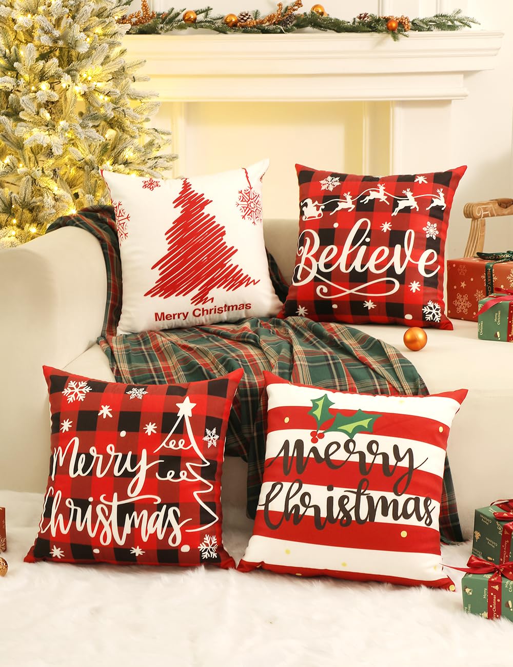 TOYPOPOR Christmas Decorations, Double Sided Throw Pillow Covers 18x18 Inches Set of 4, Christmas Tree, Snowflakes, Merry Christmas, Snowman Reindeer Cushion Case for Farmhouse Home Holiday Decor